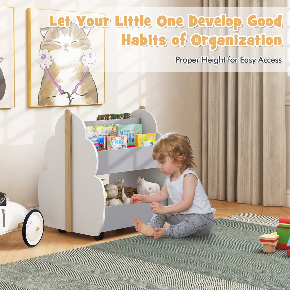 Kids Wooden Bookshelf with Universal Wheels-Gray-Kids Storage-DECOROLALA