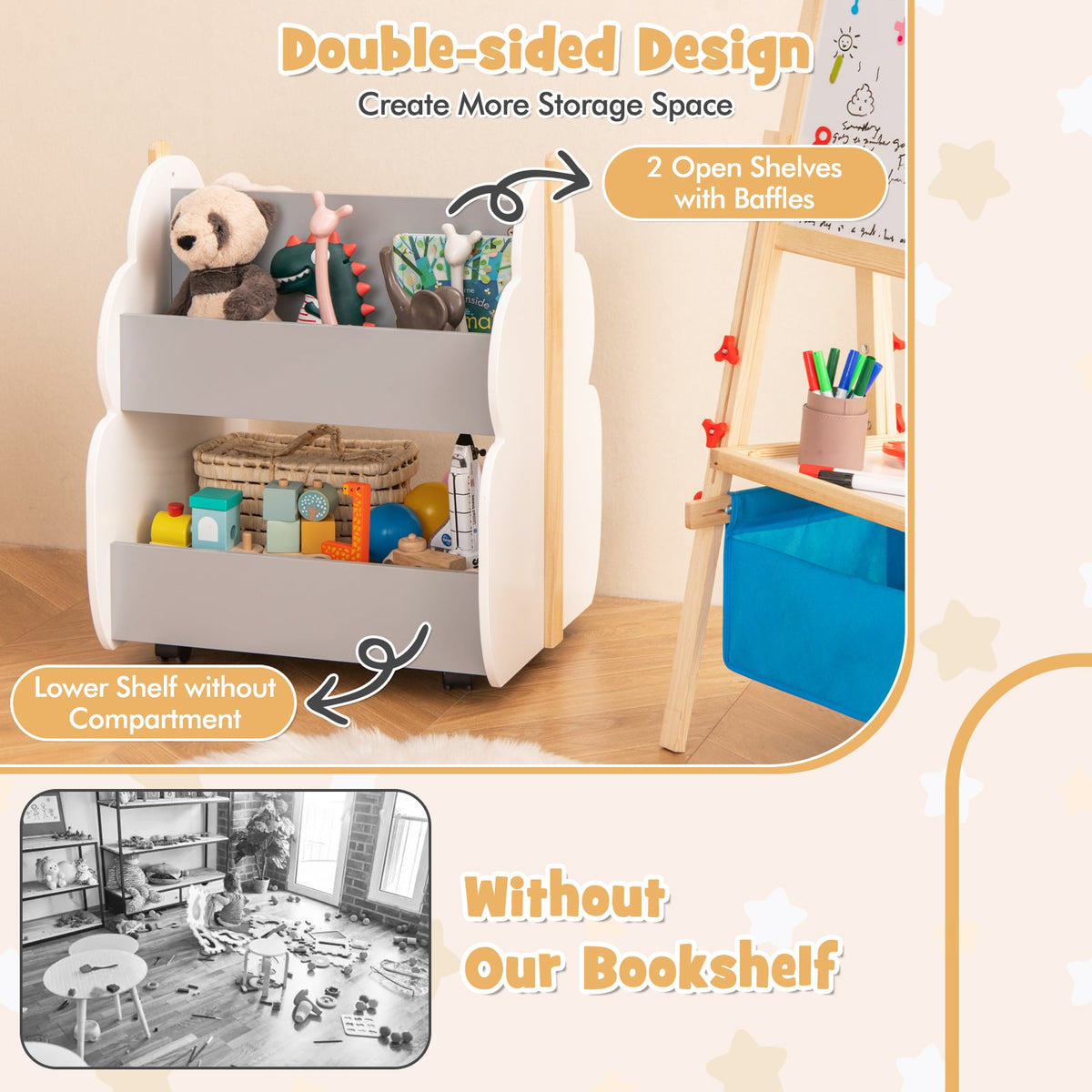 Kids Wooden Bookshelf with Universal Wheels-Gray-Kids Storage-DECOROLALA