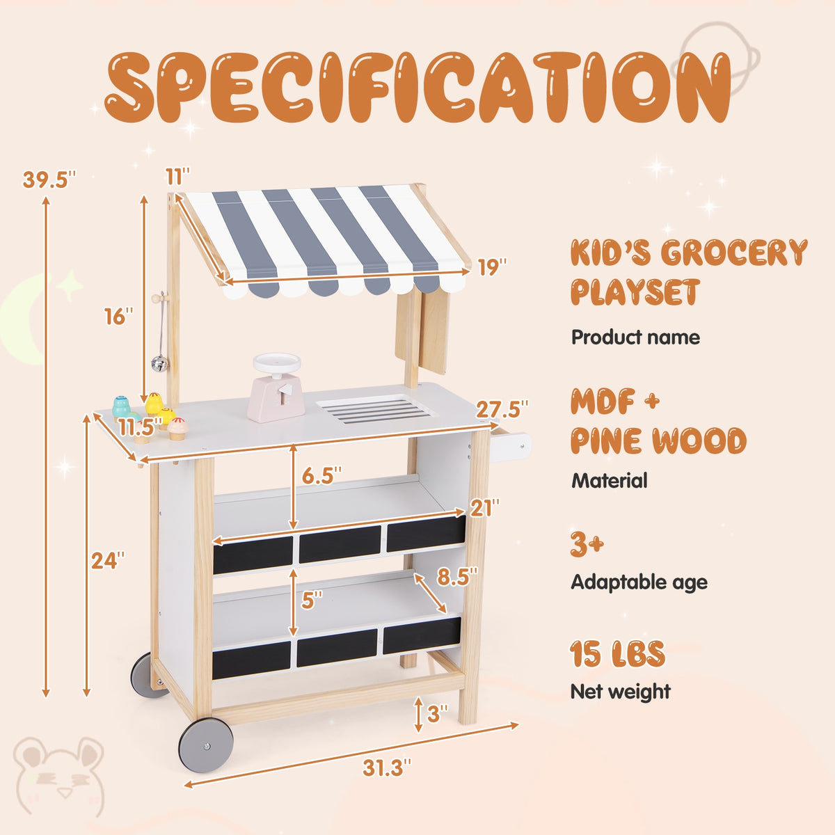 Kids Wooden Ice Cream Cart with Chalkboard and Storage