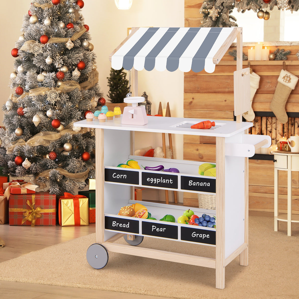 Kids Wooden Ice Cream Cart with Chalkboard and Storage