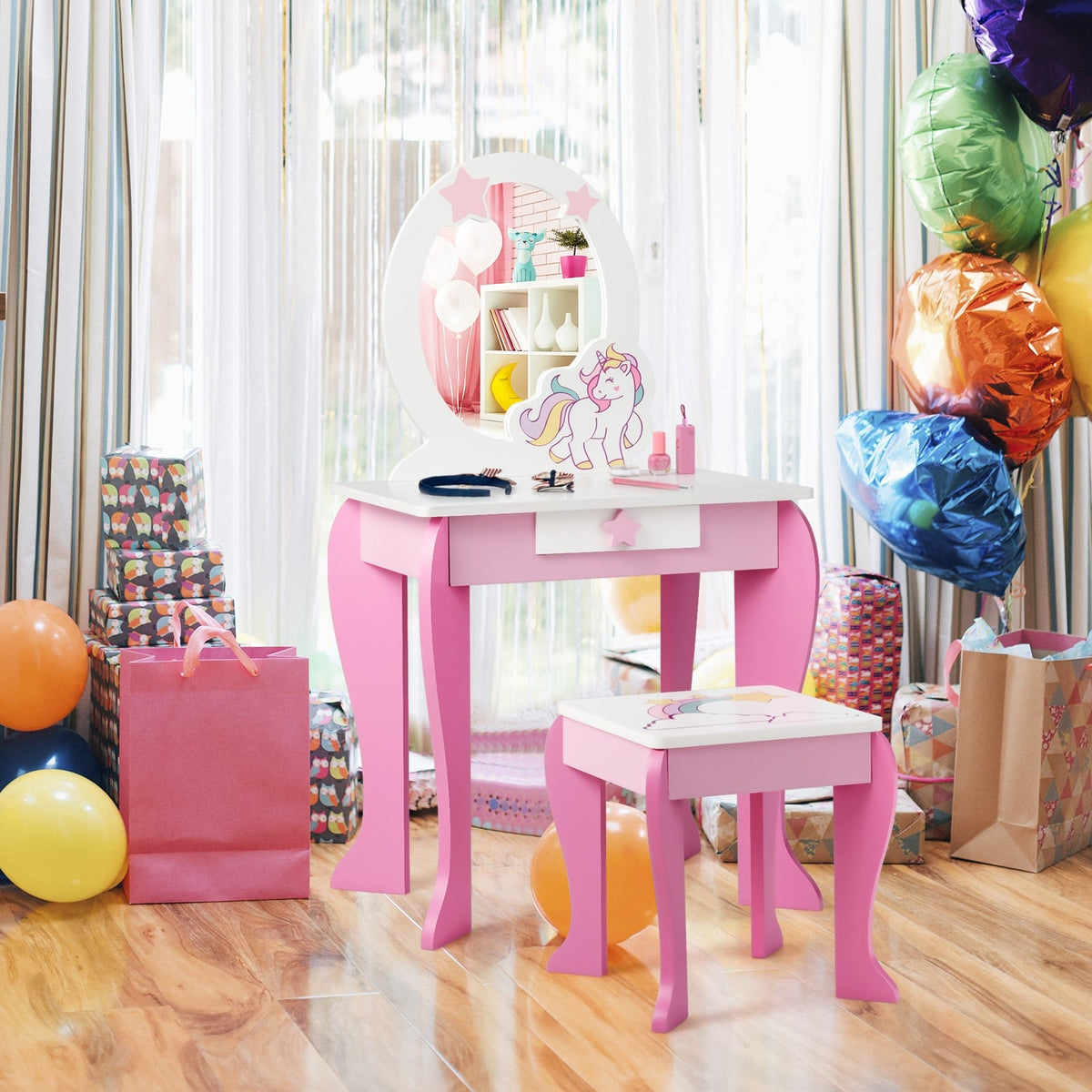 Kids Wooden Makeup Dressing Table and Chair Set with Mirror and Drawer-Pink-Kids Vanities-DECOROLALA