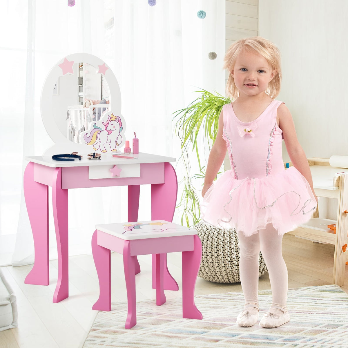 Kids Wooden Makeup Dressing Table and Chair Set with Mirror and Drawer-Pink-Kids Vanities-DECOROLALA