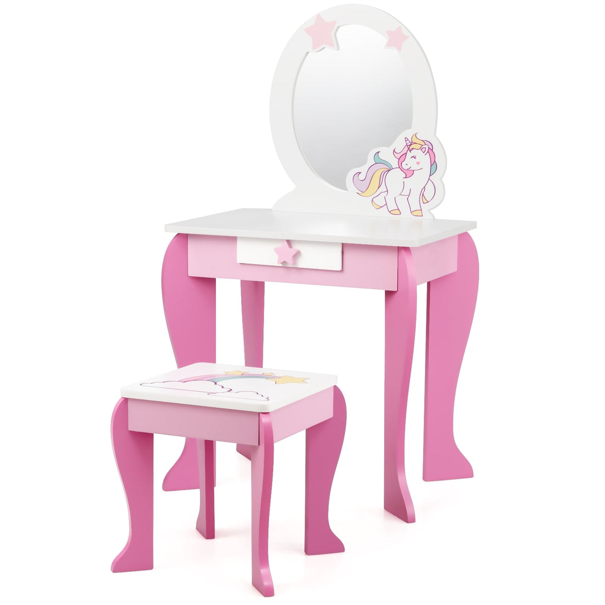 Kids Wooden Makeup Dressing Table and Chair Set with Mirror and Drawer-Pink-Kids Vanities-DECOROLALA