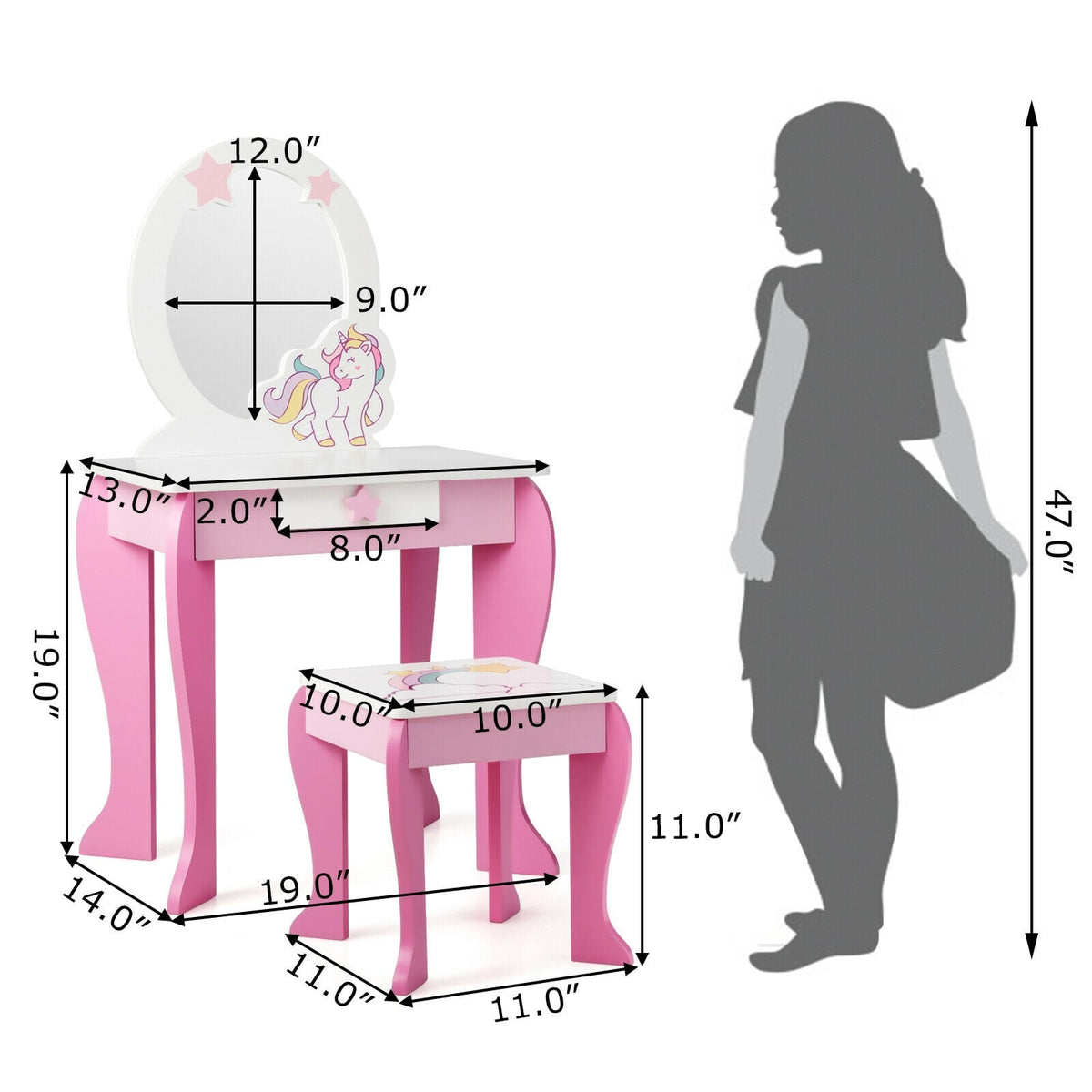 Kids Wooden Makeup Dressing Table and Chair Set with Mirror and Drawer-Pink-Kids Vanities-DECOROLALA