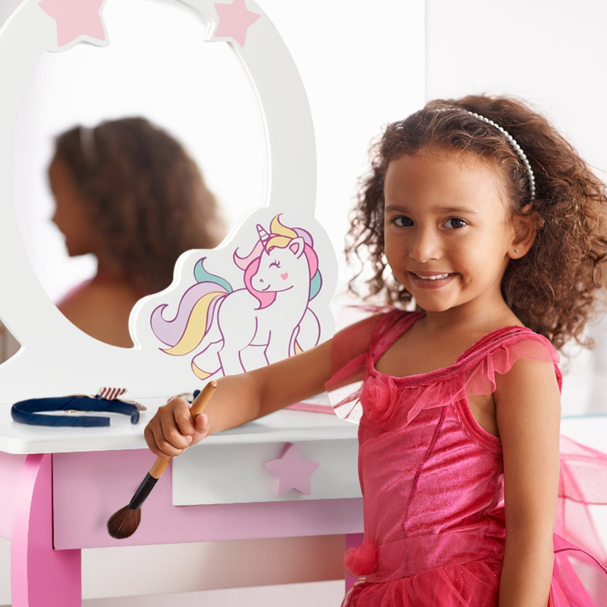 Kids Wooden Makeup Dressing Table and Chair Set with Mirror and Drawer-Pink-Kids Vanities-DECOROLALA