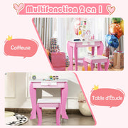 Kids Wooden Makeup Dressing Table and Chair Set with Mirror and Drawer-Pink-Kids Vanities-DECOROLALA