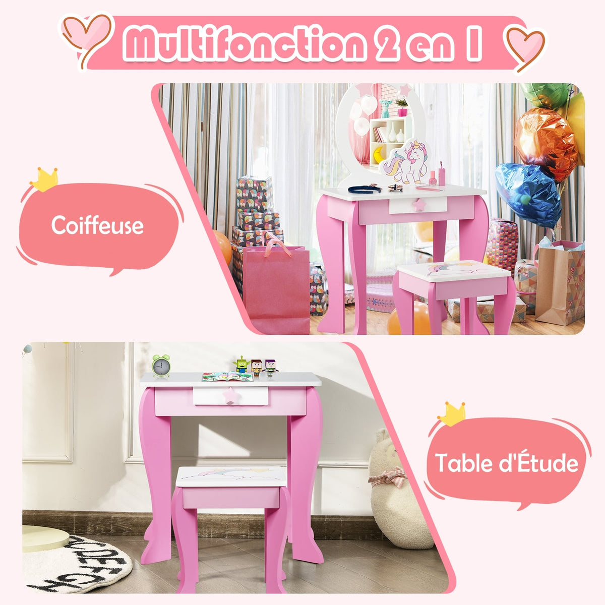 Kids Wooden Makeup Dressing Table and Chair Set with Mirror and Drawer-Pink-Kids Vanities-DECOROLALA