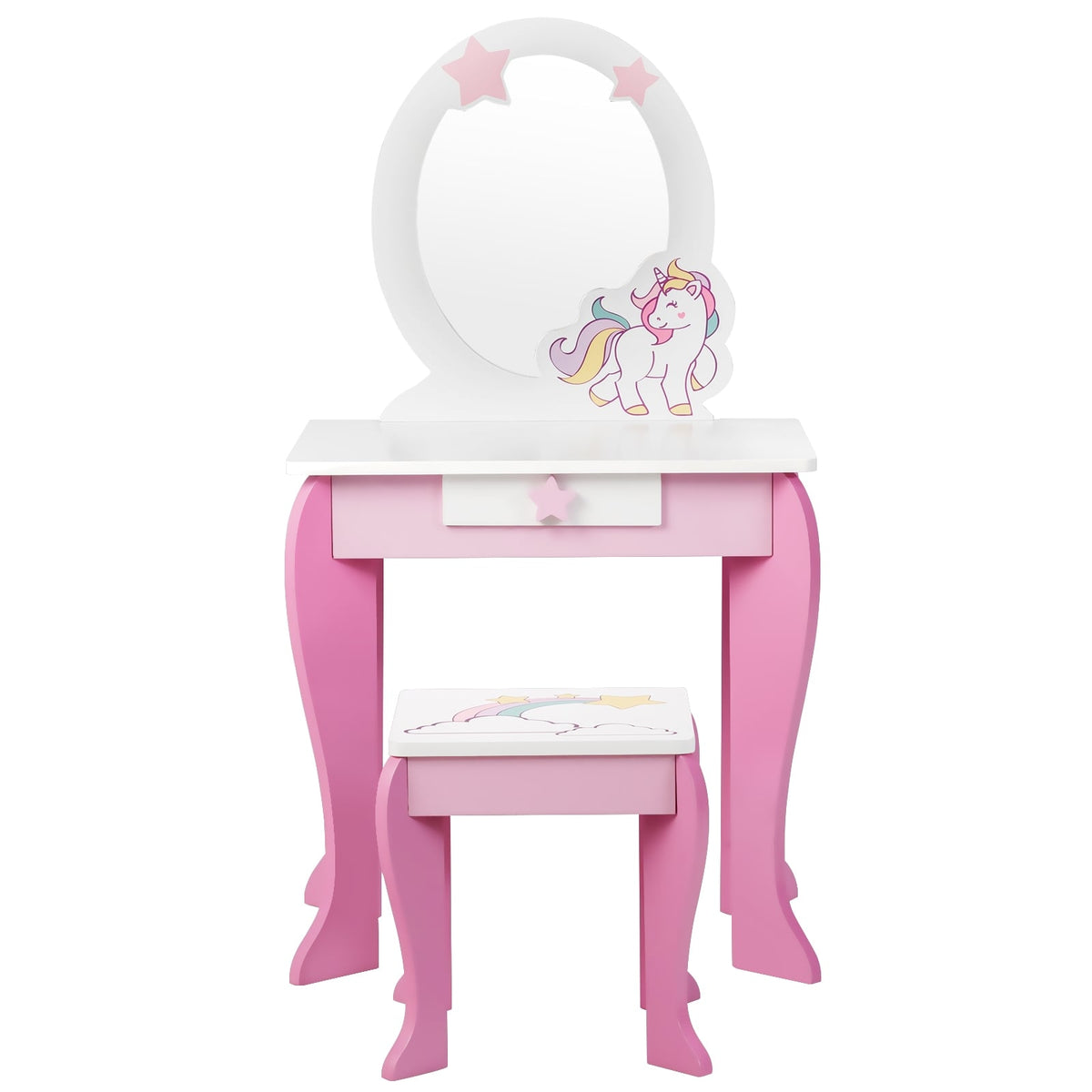 Kids Wooden Makeup Dressing Table and Chair Set with Mirror and Drawer-Pink-Kids Vanities-DECOROLALA