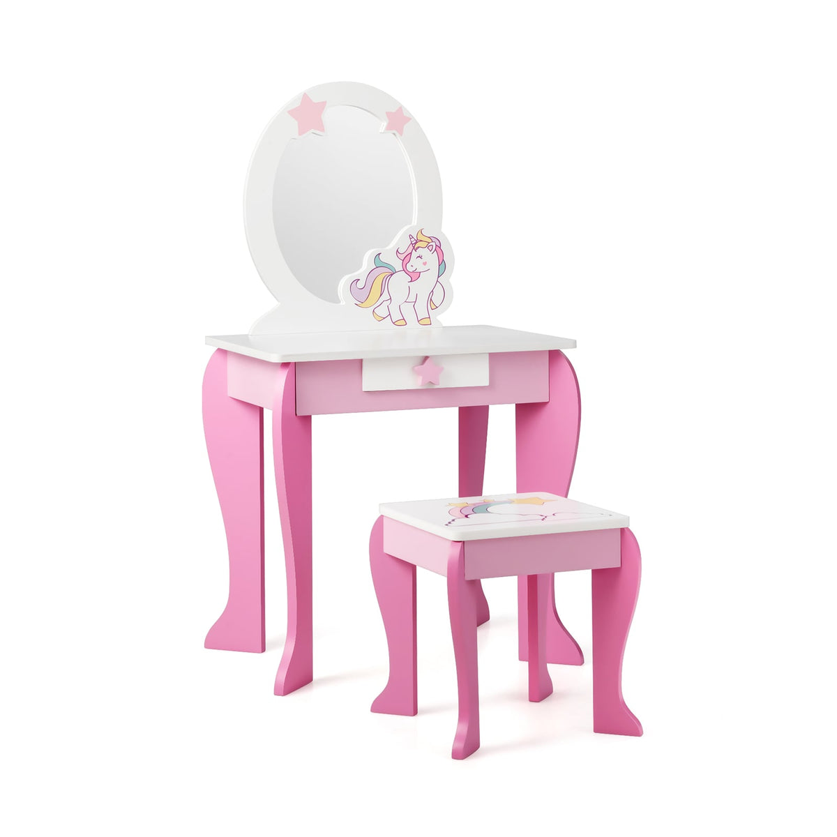 Kids Wooden Makeup Dressing Table and Chair Set with Mirror and Drawer-Pink-Kids Vanities-DECOROLALA