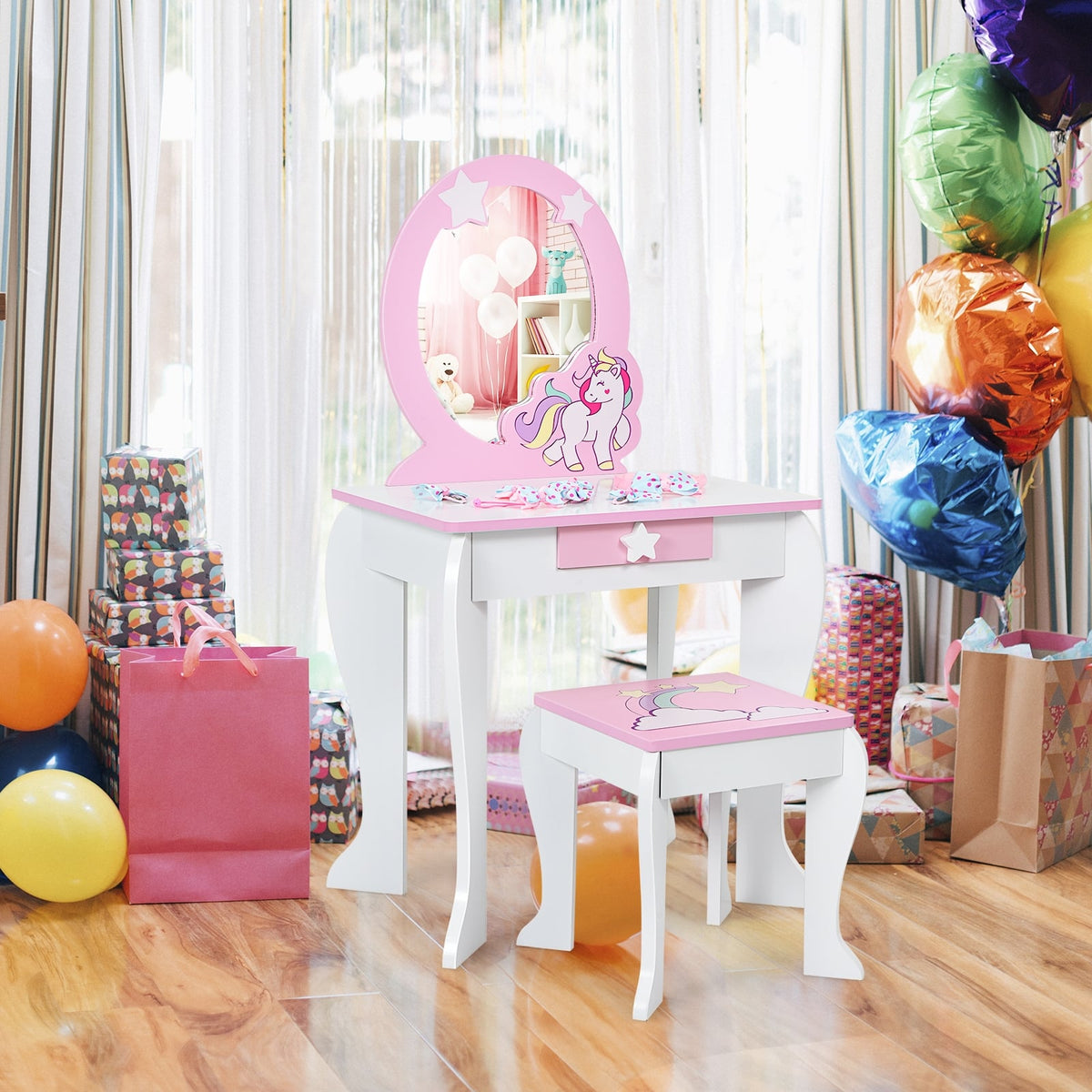 Kids Wooden Makeup Dressing Table and Chair Set with Mirror and Drawer-White-Kids Vanities-DECOROLALA