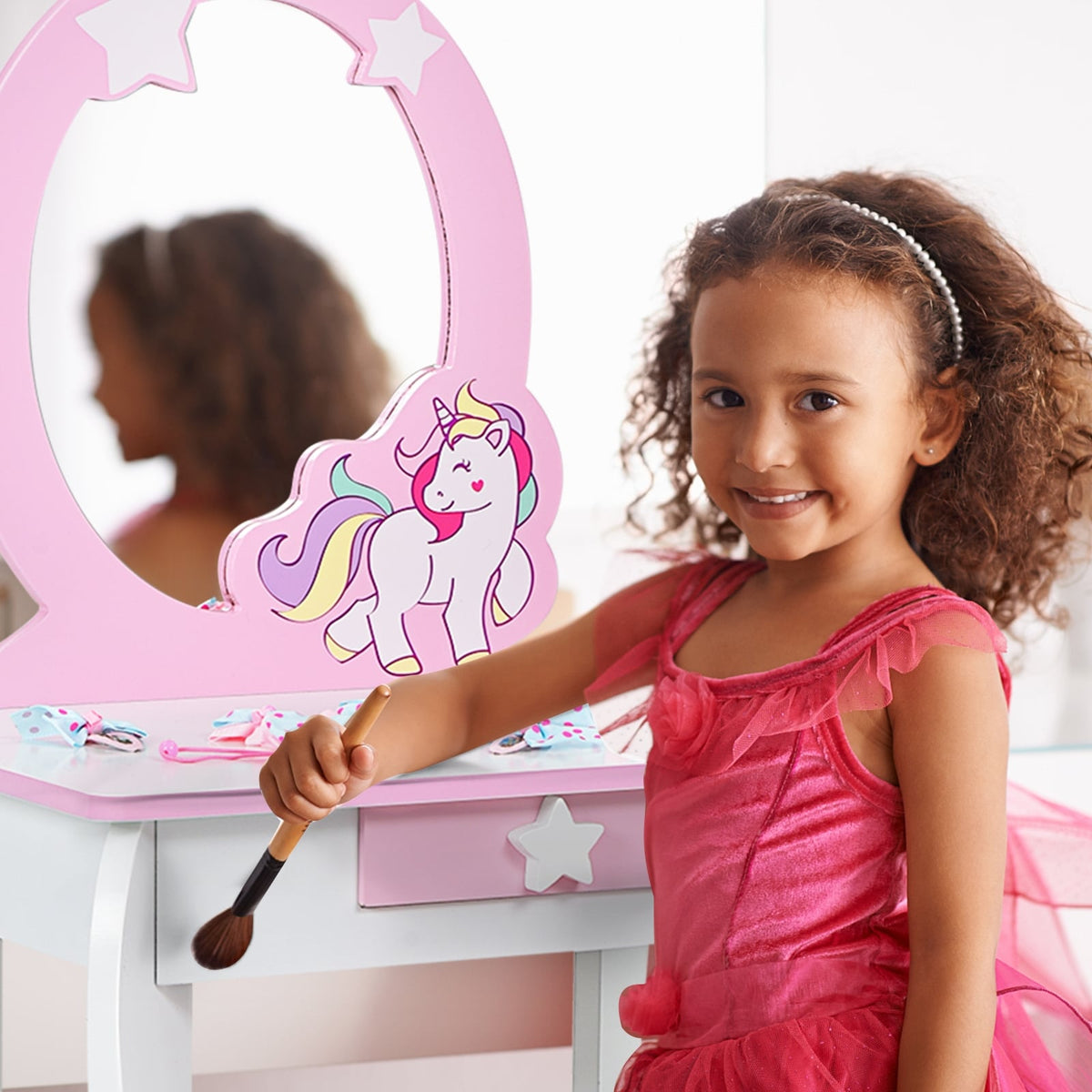 Kids Wooden Makeup Dressing Table and Chair Set with Mirror and Drawer-White-Kids Vanities-DECOROLALA