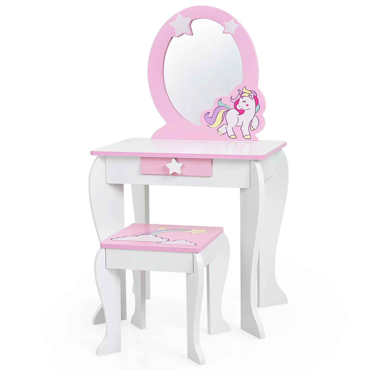 Kids Wooden Makeup Dressing Table and Chair Set with Mirror and Drawer-White-Kids Vanities-DECOROLALA