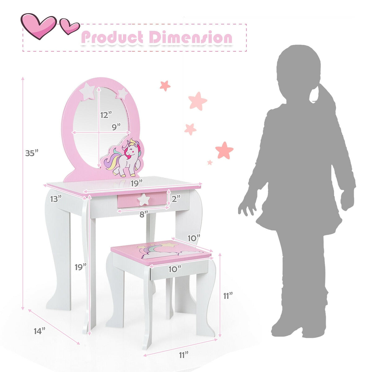 Kids Wooden Makeup Dressing Table and Chair Set with Mirror and Drawer-White-Kids Vanities-DECOROLALA
