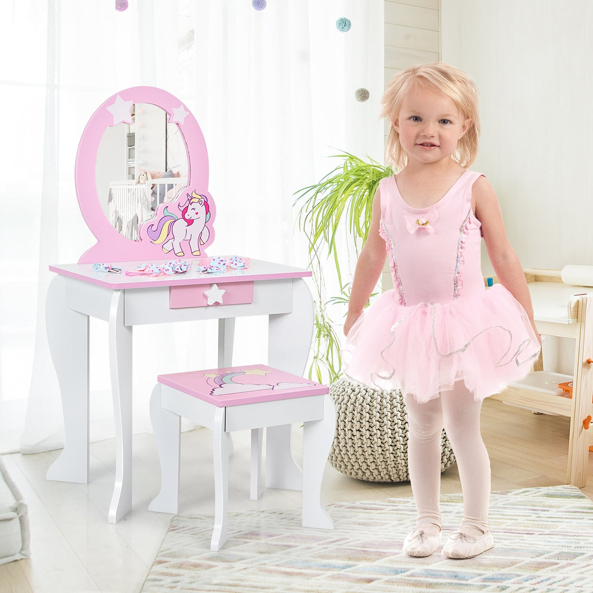 Kids Wooden Makeup Dressing Table and Chair Set with Mirror and Drawer-White-Kids Vanities-DECOROLALA