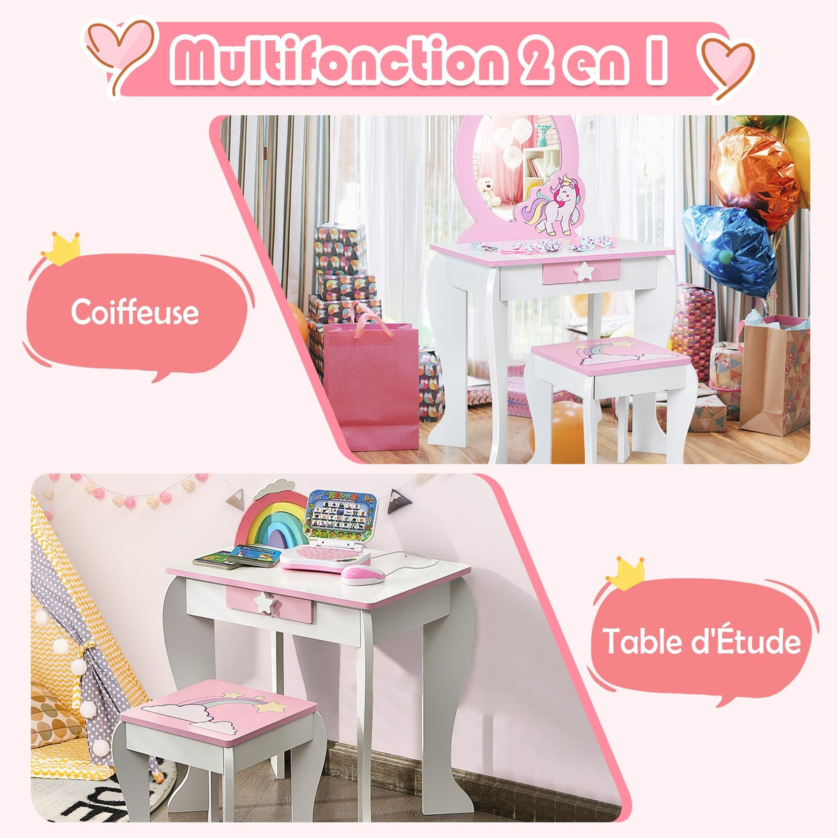 Kids Wooden Makeup Dressing Table and Chair Set with Mirror and Drawer-White-Kids Vanities-DECOROLALA