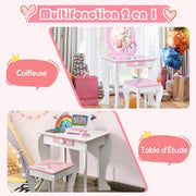 Kids Wooden Makeup Dressing Table and Chair Set with Mirror and Drawer-White-Kids Vanities-DECOROLALA