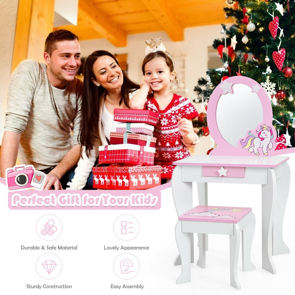 Kids Wooden Makeup Dressing Table and Chair Set with Mirror and Drawer-White-Kids Vanities-DECOROLALA