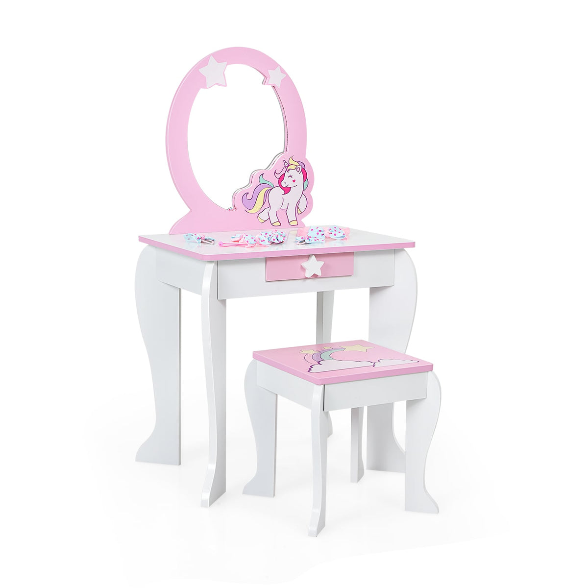 Kids Wooden Makeup Dressing Table and Chair Set with Mirror and Drawer-White-Kids Vanities-DECOROLALA