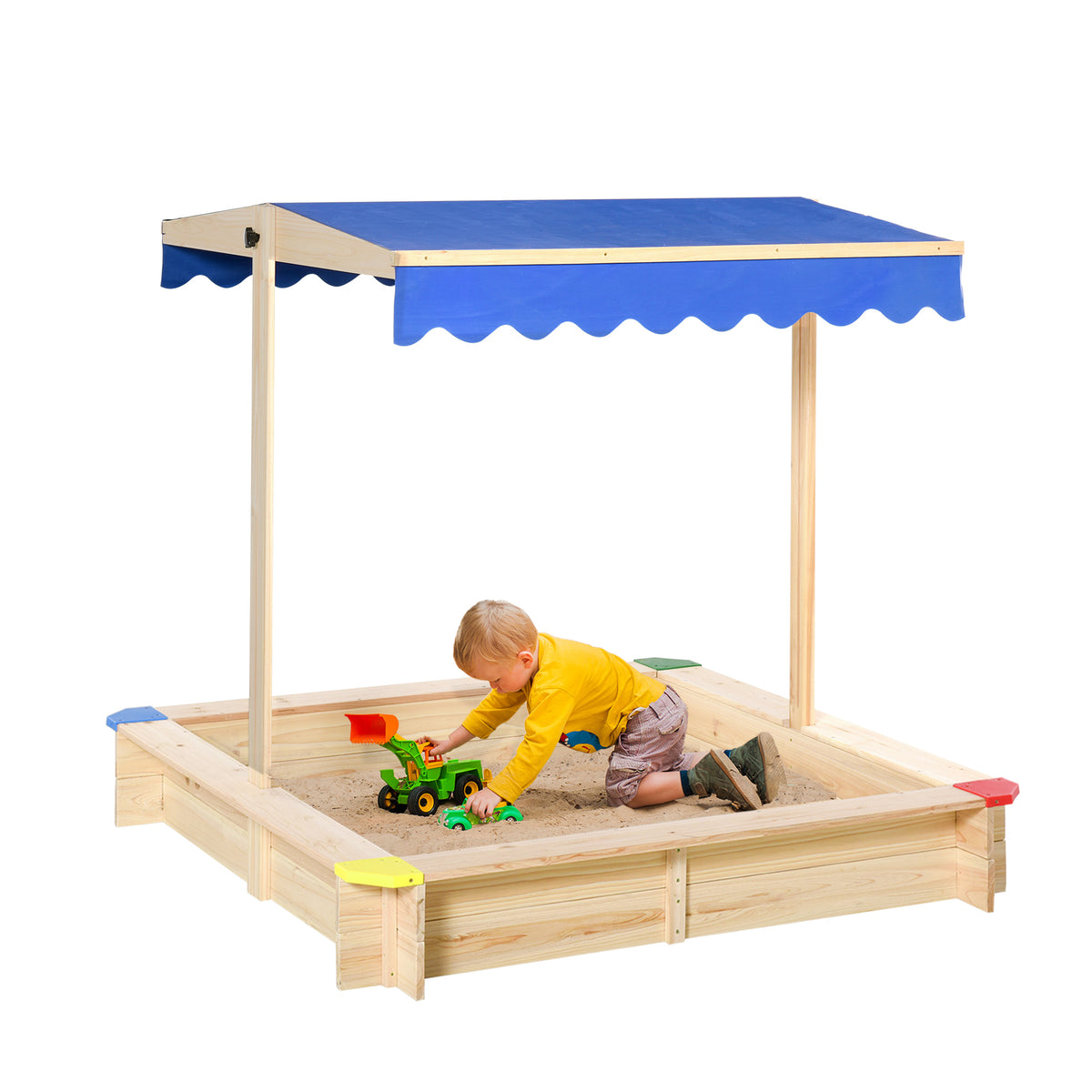 Kids Wooden Sandbox with Cover, Play Sand Station for Children Outdoor Sand box, with Seats, for Backyard, Beach, 47" x 47" x 47", Natural-Sandboxes-DECOROLALA