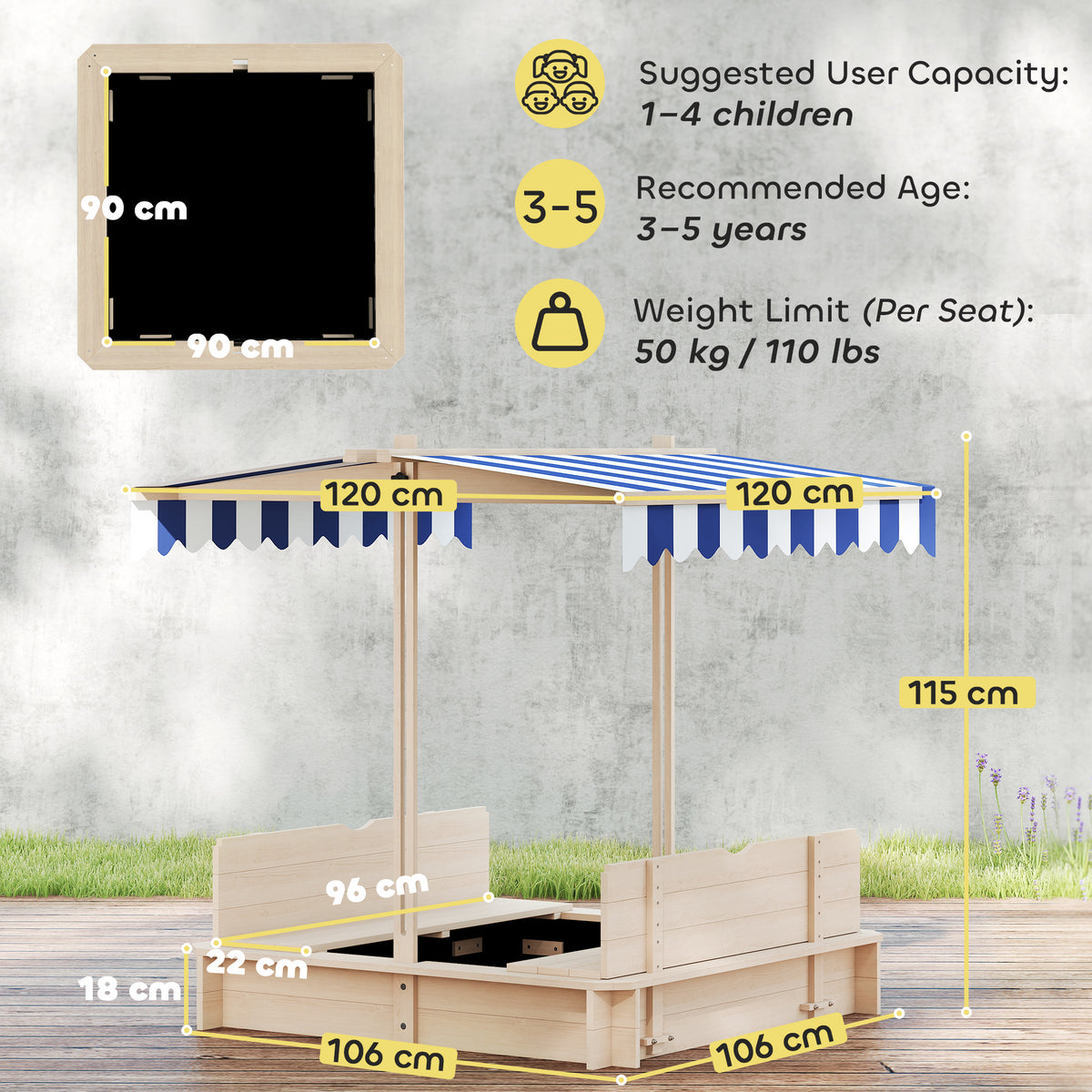 Kids Wooden Sandbox Outdoor Backyard Playset Children Play Station w/ Adjustable Canopy & Convertible Bench Sand for 3-7 Years Old-Sandboxes-DECOROLALA