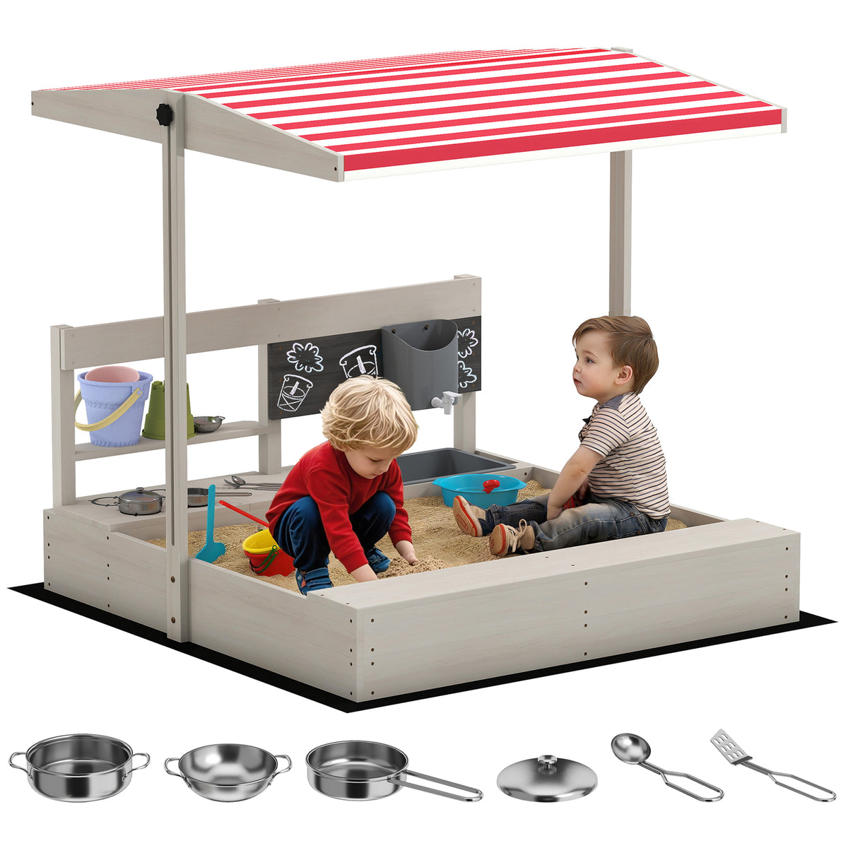 Kids Sandbox with Cover Kitchen Playset Toys, Wooden Sand Box with Seat, Storage, for 3-7 Years Old-Sandboxes-DECOROLALA