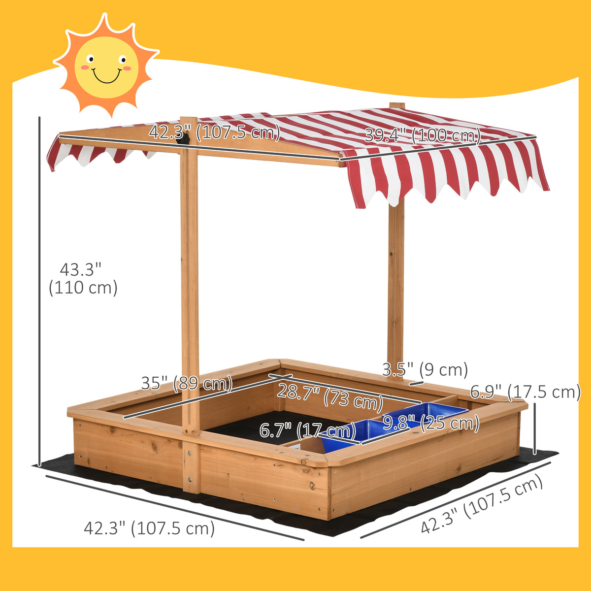 Kids Wooden Sandbox, Children Play Sand Station Outdoor with Adjustable Height Cover Lid, Bottom Liner, Seat, Plastic Basins, for 3-7 Years Old Boys and Girls-Sandboxes-DECOROLALA