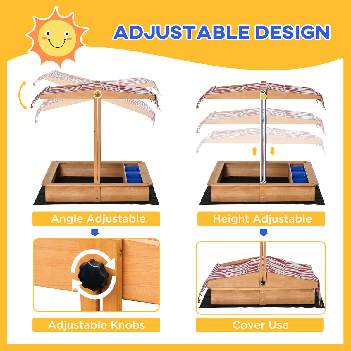 Kids Wooden Sandbox, Children Play Sand Station Outdoor with Adjustable Height Cover Lid, Bottom Liner, Seat, Plastic Basins, for 3-7 Years Old Boys and Girls-Sandboxes-DECOROLALA