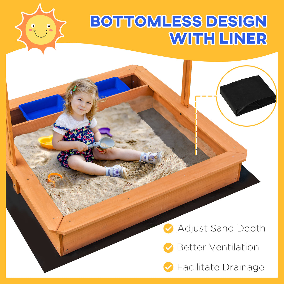 Kids Wooden Sandbox, Children Play Sand Station Outdoor with Adjustable Height Cover Lid, Bottom Liner, Seat, Plastic Basins, for 3-7 Years Old Boys and Girls-Sandboxes-DECOROLALA