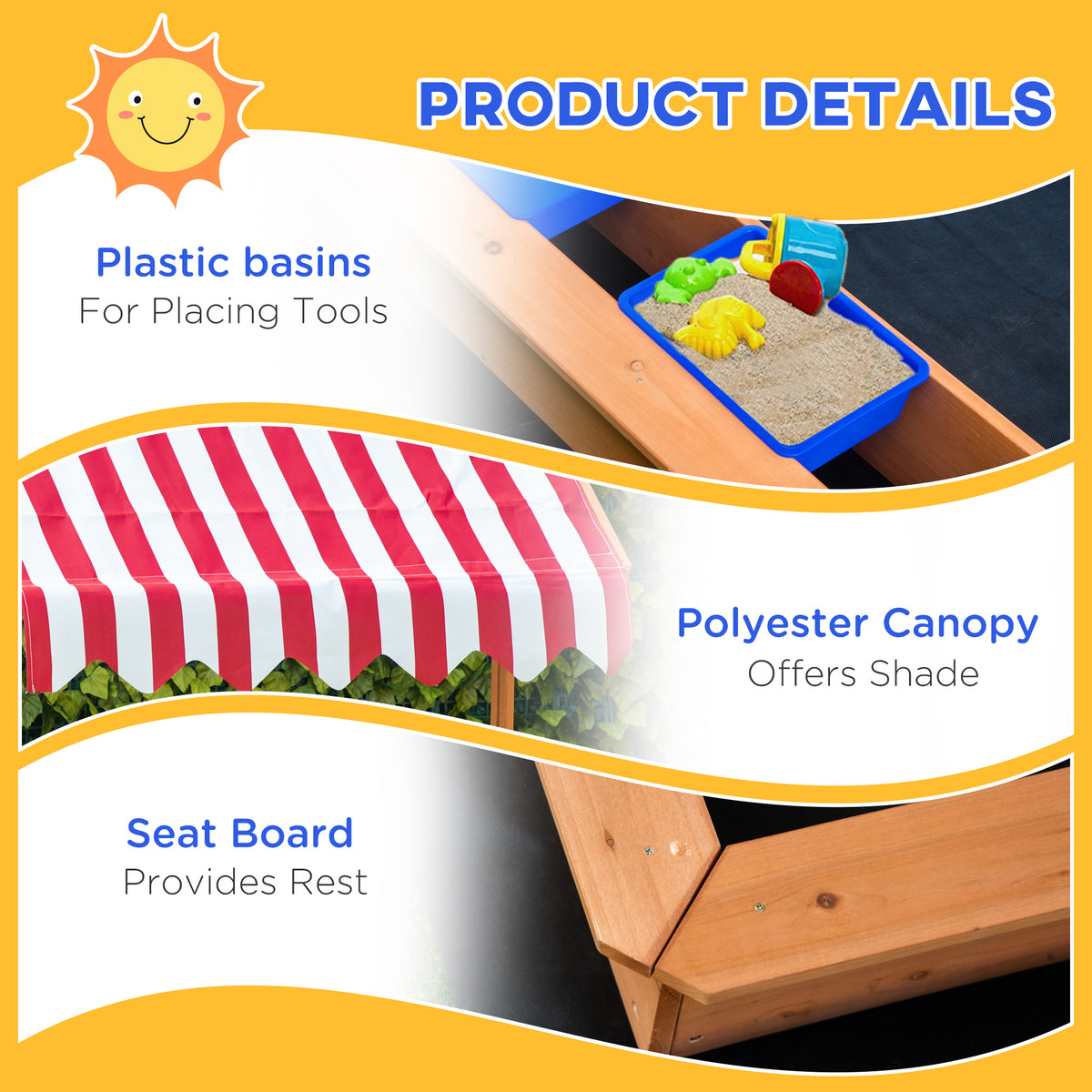 Kids Wooden Sandbox, Children Play Sand Station Outdoor with Adjustable Height Cover Lid, Bottom Liner, Seat, Plastic Basins, for 3-7 Years Old Boys and Girls-Sandboxes-DECOROLALA