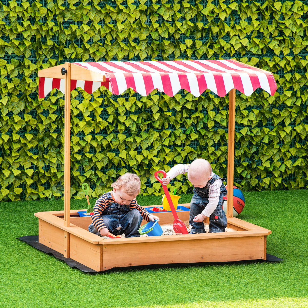 Kids Wooden Sandbox, Children Play Sand Station Outdoor with Adjustable Height Cover Lid, Bottom Liner, Seat, Plastic Basins, for 3-7 Years Old Boys and Girls-Sandboxes-DECOROLALA