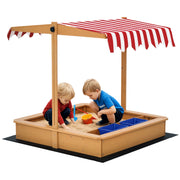 Kids Wooden Sandbox, Children Play Sand Station Outdoor with Adjustable Height Cover Lid, Bottom Liner, Seat, Plastic Basins, for 3-7 Years Old Boys and Girls-Sandboxes-DECOROLALA