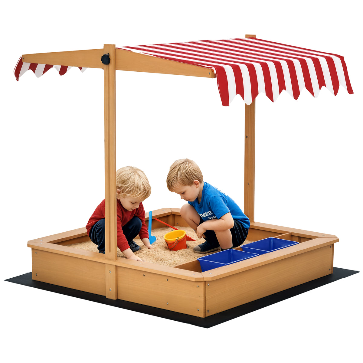 Kids Wooden Sandbox, Children Play Sand Station Outdoor with Adjustable Height Cover Lid, Bottom Liner, Seat, Plastic Basins, for 3-7 Years Old Boys and Girls-Sandboxes-DECOROLALA