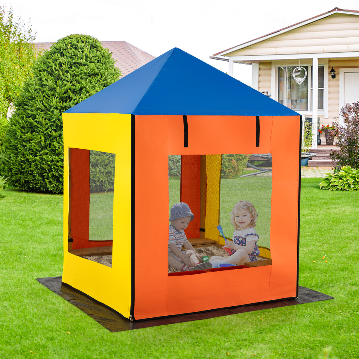 Bac à sable en bois pour enfants avec auvent, grand espace de jeu avec fenêtres en filet et doublure inférieure-Multicolore