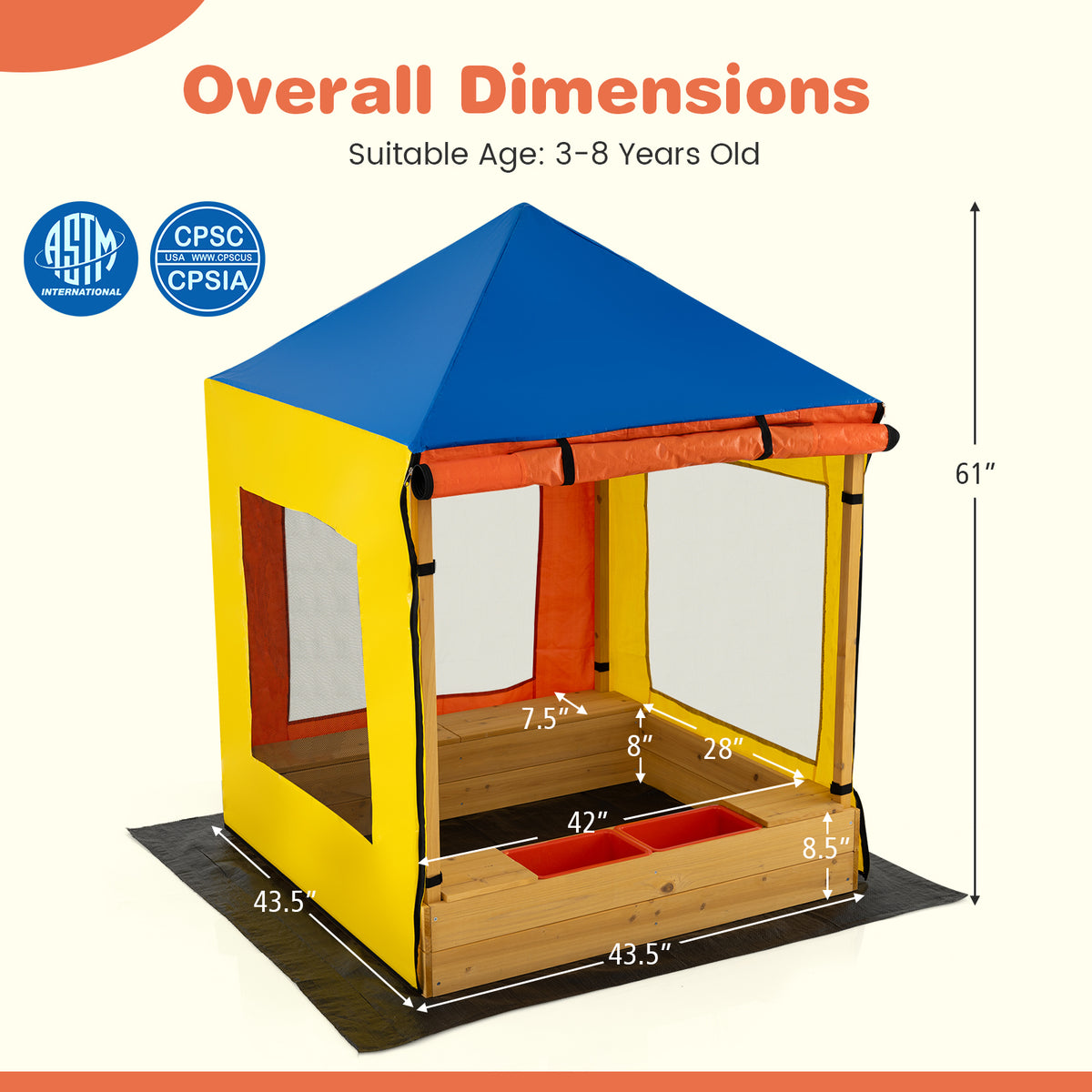 Bac à sable en bois pour enfants avec auvent, grand espace de jeu avec fenêtres en filet et doublure inférieure-Multicolore