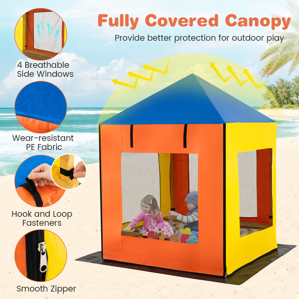 Bac à sable en bois pour enfants avec auvent, grand espace de jeu avec fenêtres en filet et doublure inférieure-Multicolore