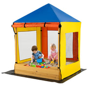 Bac à sable en bois pour enfants avec auvent, grand espace de jeu avec fenêtres en filet et doublure inférieure-Multicolore