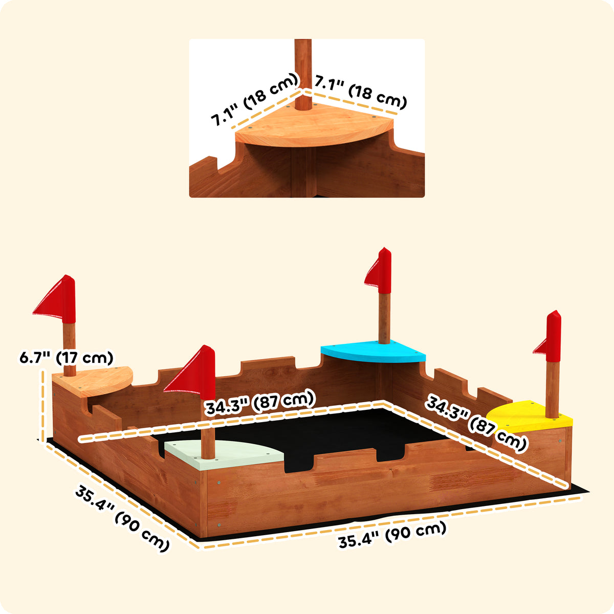 Kids Wooden Sandbox with Flags, 4 Colorful Built-in Corner Seating, Ground Liner, Gift for Ages 3-7, Wooden Brown-Sandboxes-DECOROLALA