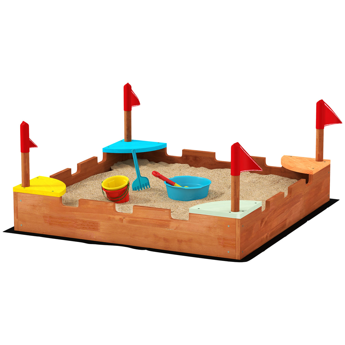 Kids Wooden Sandbox with Flags, 4 Colorful Built-in Corner Seating, Ground Liner, Gift for Ages 3-7, Wooden Brown-Sandboxes-DECOROLALA