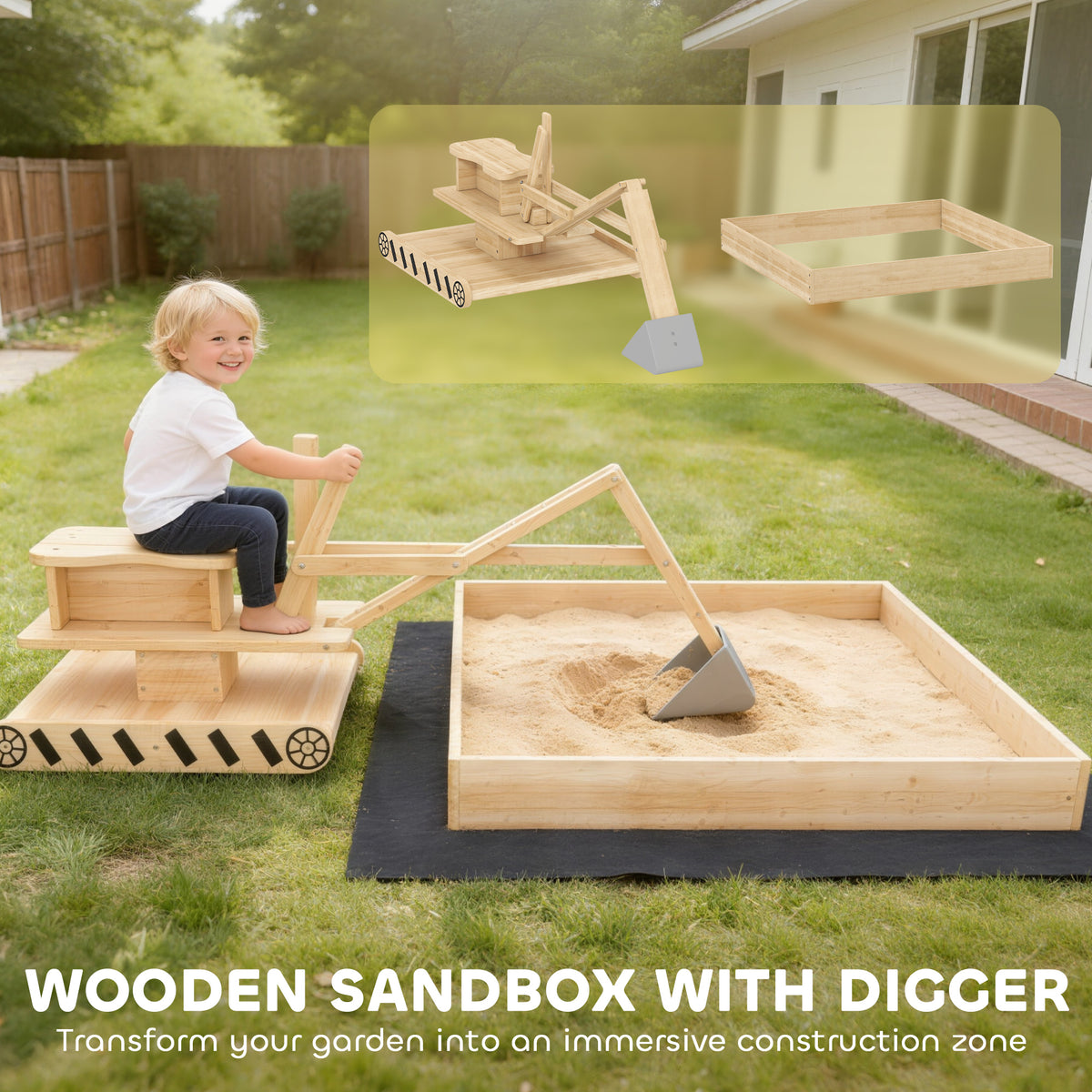 Wooden Sandbox with Digger, Kids Sandbox with 360Â° Rotating Seat & Bottom Liner, 72" x 35" x 22"-Sandboxes-DECOROLALA