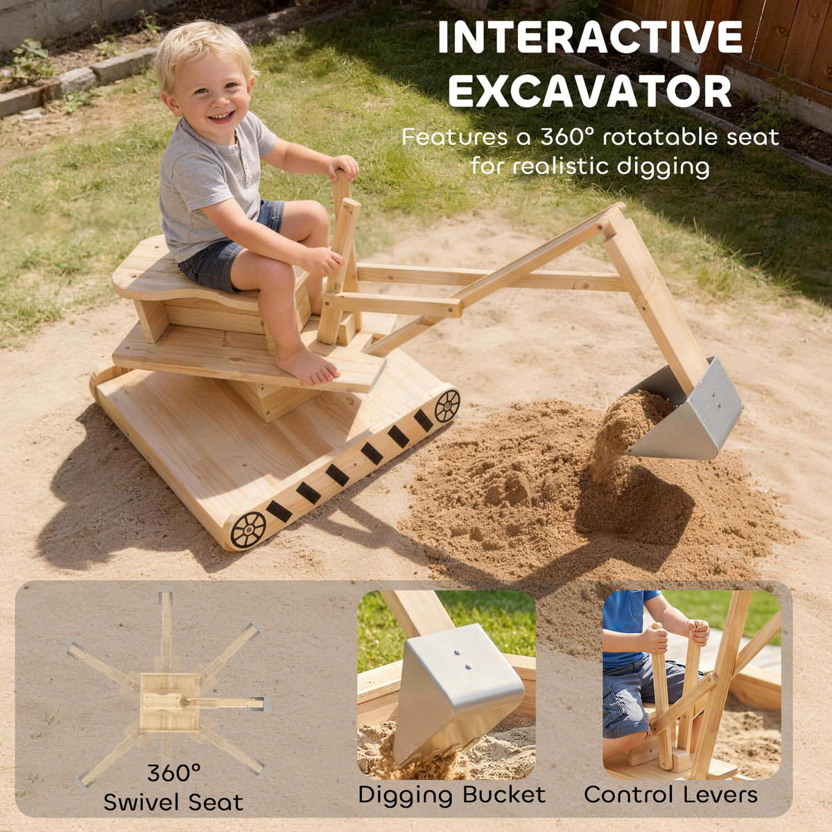 Wooden Sandbox with Digger, Kids Sandbox with 360Â° Rotating Seat & Bottom Liner, 72" x 35" x 22"-Sandboxes-DECOROLALA