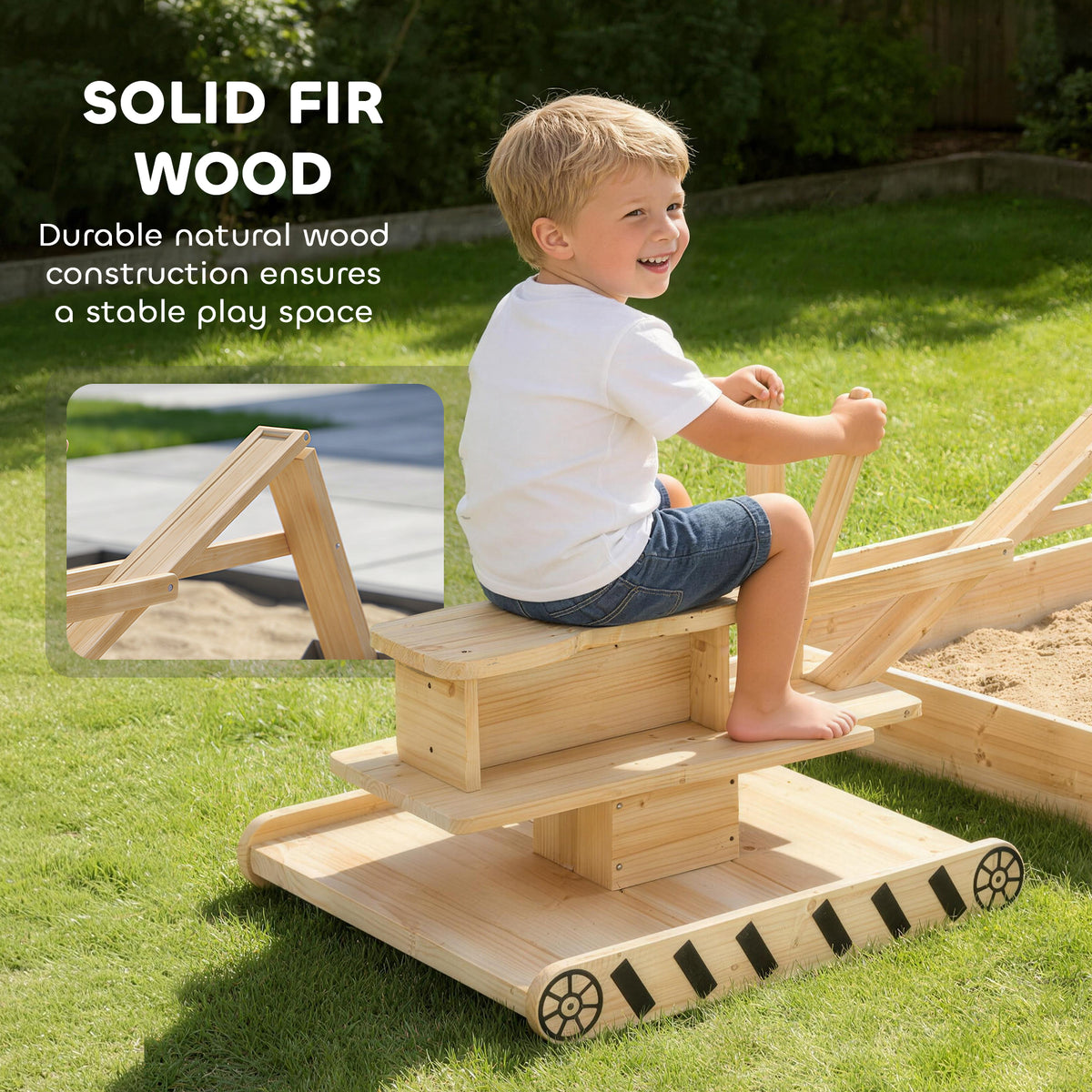 Wooden Sandbox with Digger, Kids Sandbox with 360Â° Rotating Seat & Bottom Liner, 72" x 35" x 22"-Sandboxes-DECOROLALA