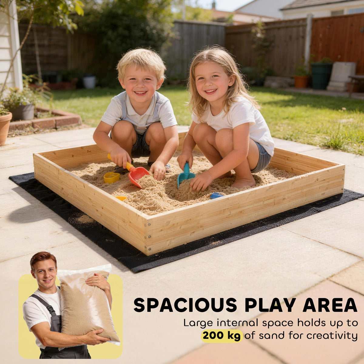 Wooden Sandbox with Digger, Kids Sandbox with 360Â° Rotating Seat & Bottom Liner, 72" x 35" x 22"-Sandboxes-DECOROLALA