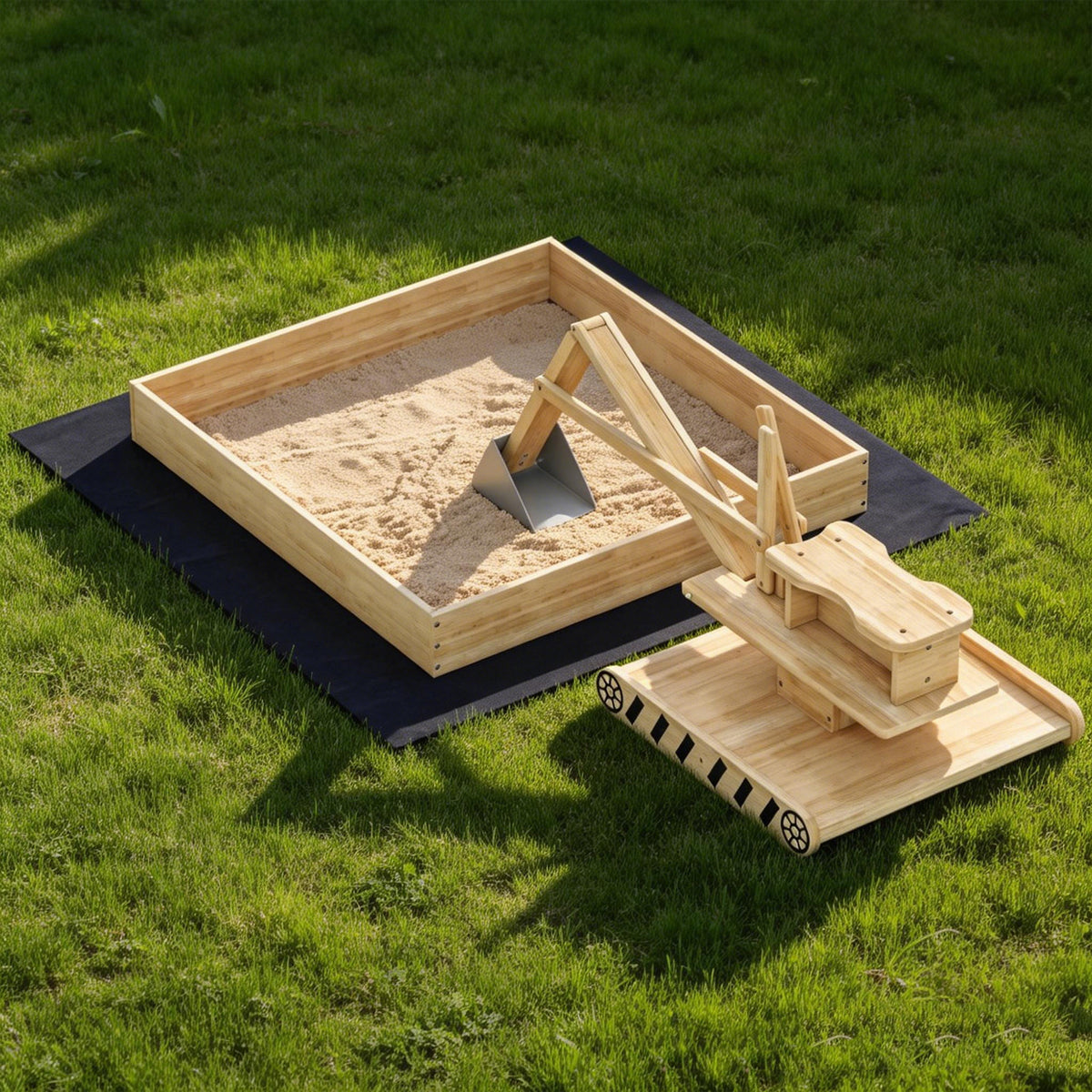Wooden Sandbox with Digger, Kids Sandbox with 360Â° Rotating Seat & Bottom Liner, 72" x 35" x 22"-Sandboxes-DECOROLALA