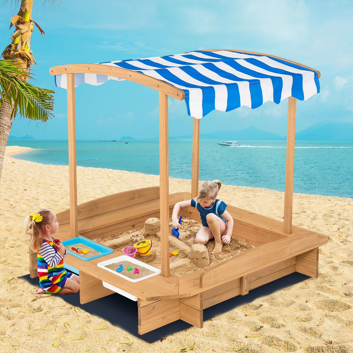 Bac à sable en bois pour enfants avec auvent rayé