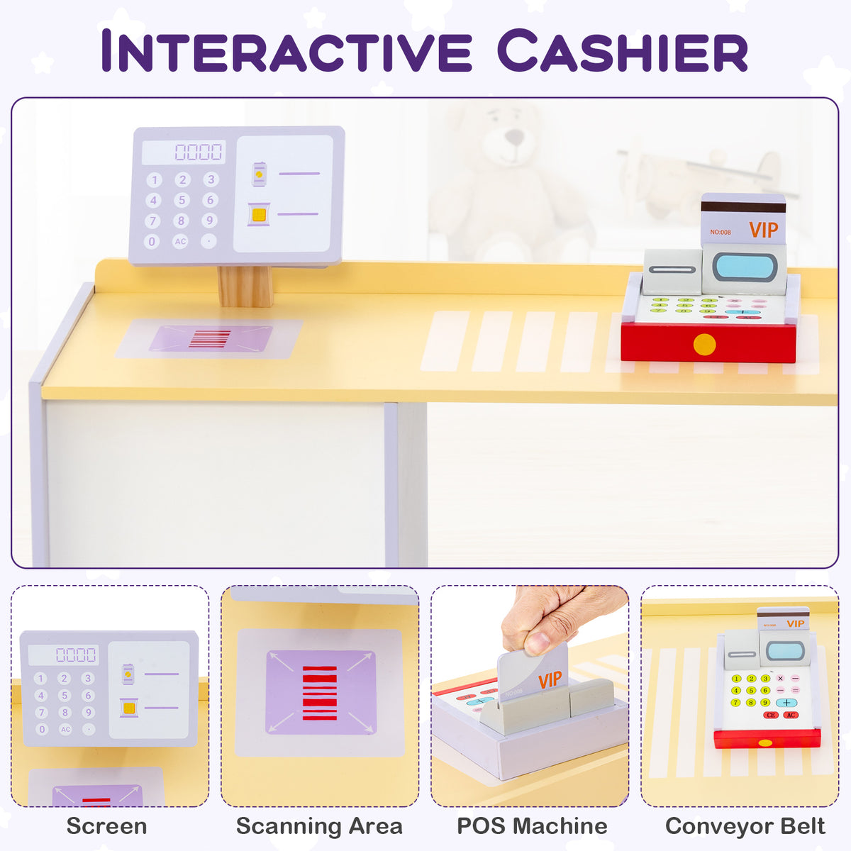 Kids Wooden Supermarket Play Toy Set with Checkout Counter