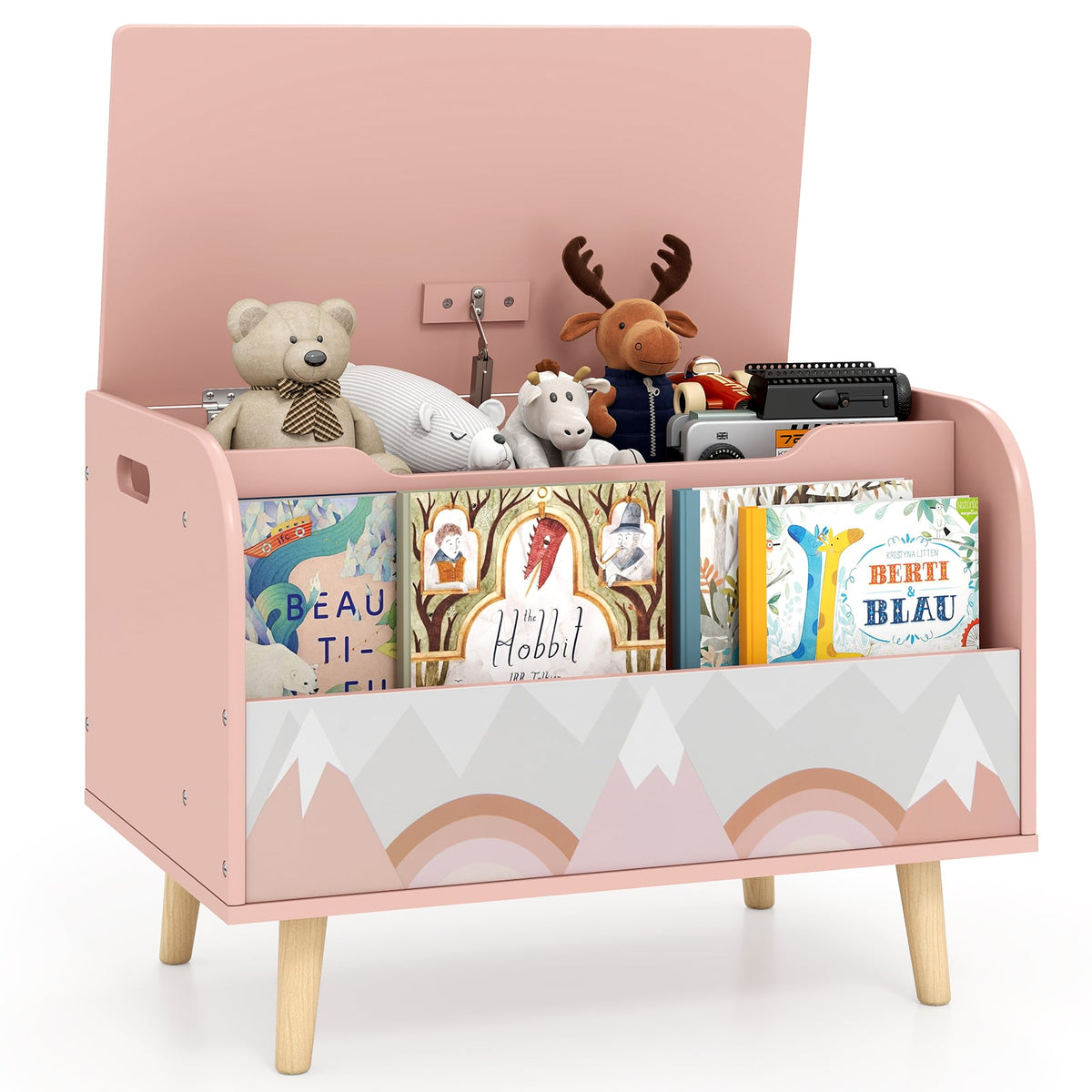 Kids Wooden Toy Box with Front Bookshelf and 4 Solid Wood Legs for Playroom-Pink-Kids Storage-DECOROLALA