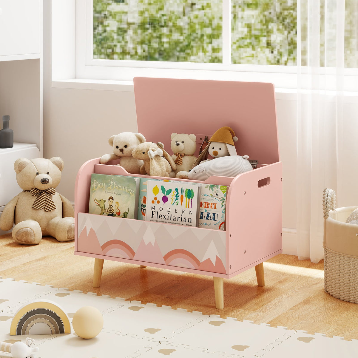 Kids Wooden Toy Box with Front Bookshelf and 4 Solid Wood Legs for Playroom-Pink-Kids Storage-DECOROLALA
