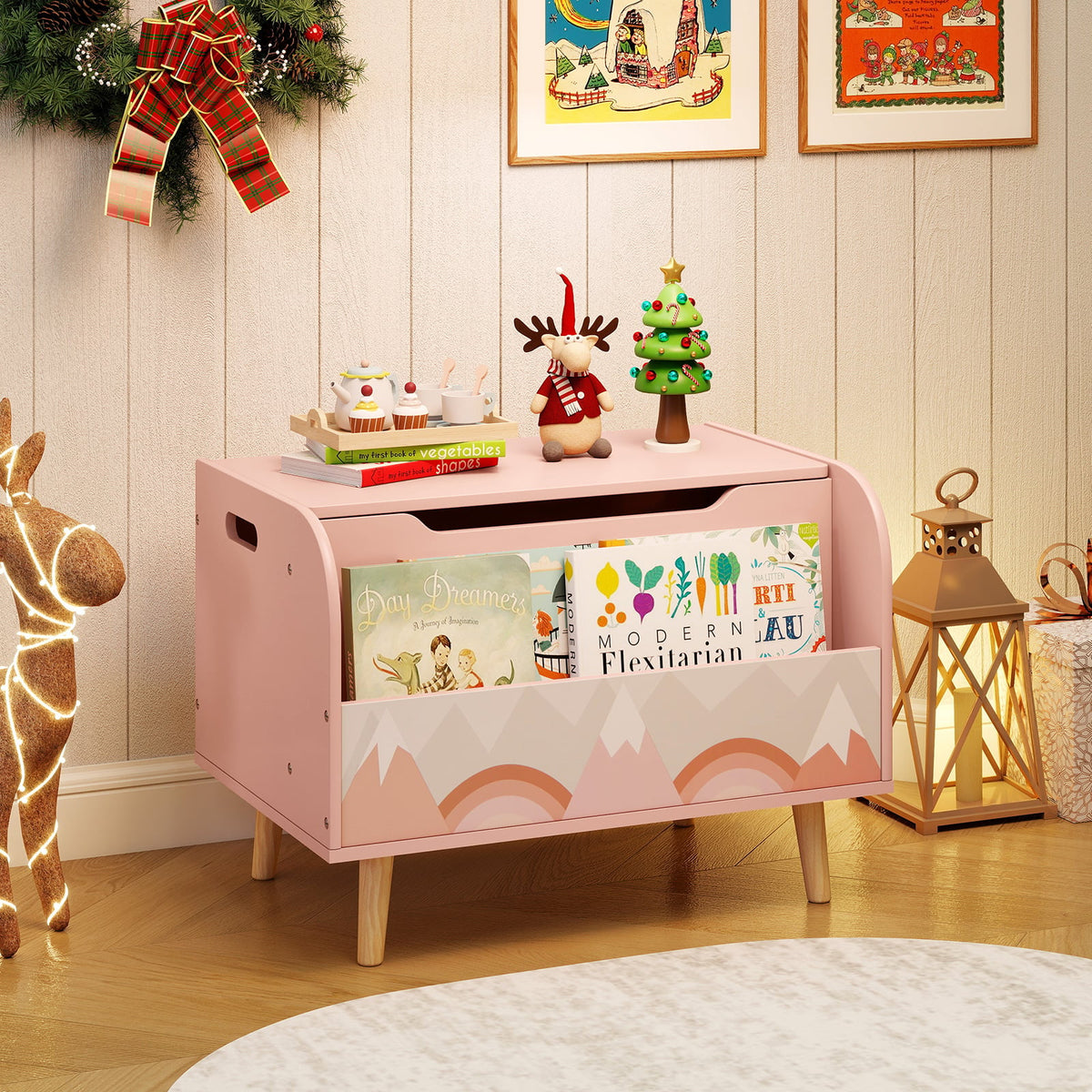 Kids Wooden Toy Box with Front Bookshelf and 4 Solid Wood Legs for Playroom-Pink-Kids Storage-DECOROLALA