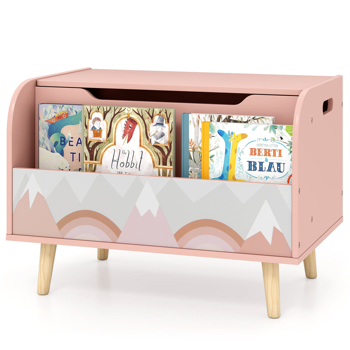 Kids Wooden Toy Box with Front Bookshelf and 4 Solid Wood Legs for Playroom-Pink-Kids Storage-DECOROLALA