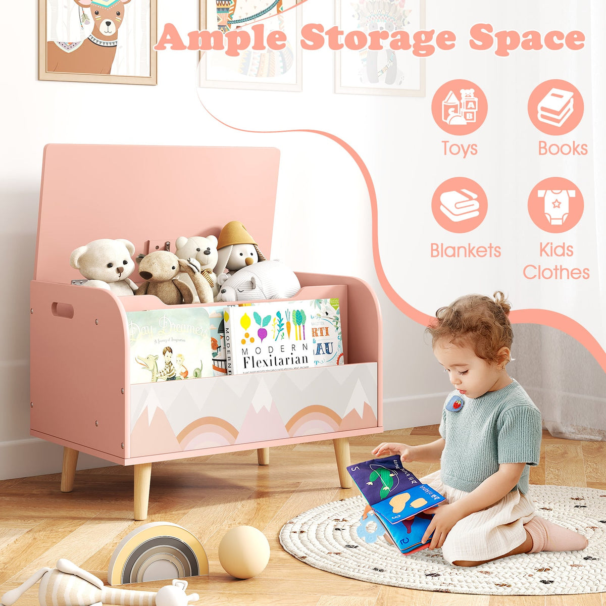 Kids Wooden Toy Box with Front Bookshelf and 4 Solid Wood Legs for Playroom-Pink-Kids Storage-DECOROLALA